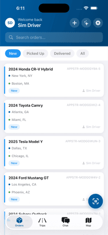 Cargo mobile app showing the driver's order list
